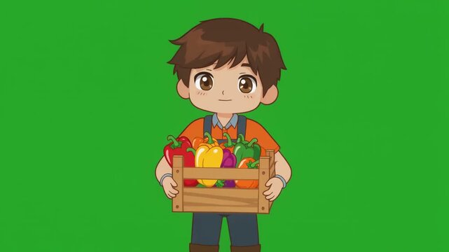 Cute cartoon farmer boy holding a wooden crate full of fresh colorful vegetables isolated on a green screen chroma key background.