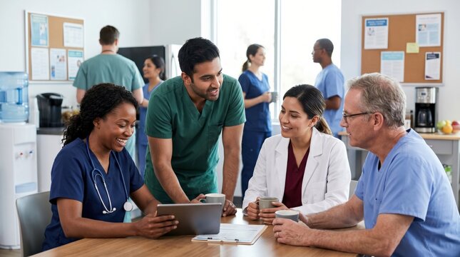 Diverse Medical Team Collaborating on Tablet in Hospital Breakroom During Coffee Break