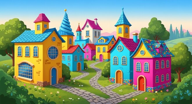 Colorful cartoon houses landscape