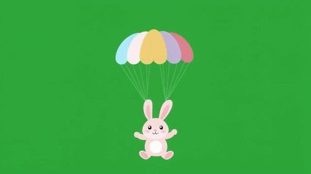 Cute cartoon bunny rabbit character floating down with a colorful pastel parachute isolated on a green screen chroma key background.