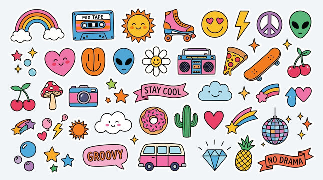 Retro 70s & 80s Pop Culture Icons, Stickers, Vector Art