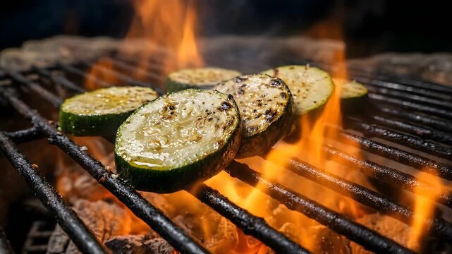Close-up view of zucchini slices grilling on a barbecue with flames licking the vegetables