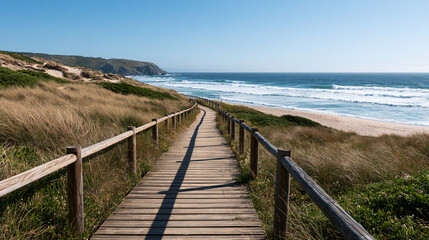 Fototapeta premium Serene coastal path leading to a beach paradise, travel and exploration lifestyle concept, with copy space