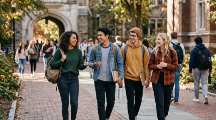 Naklejka premium Diverse Group of Young Adult College Students Walking Together on University Campus Path During Autumn Semester