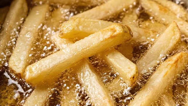 Close-up of golden potato fries sizzling in hot, bubbling oil, capturing the delicious deep-frying process for crispy, homemade french fries, a culinary delight