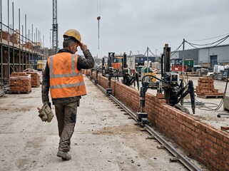 Fototapeta premium Construction worker leaving site as bricklaying robots continue