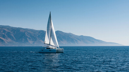 Fototapeta premium White catamaran sailing yacht on a blue ocean near mountains, luxury sailing travel concept, with copy space
