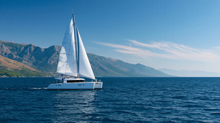 Fototapeta premium White catamaran sailing yacht on a blue ocean near mountains, luxury sailing travel concept, with copy space
