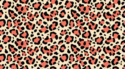 Modern leopard pattern vector background. Seamless exotic cat spotted texture with coral pink and black rosettes. Trendy animal print design for chic fashion textiles, wrapping paper, and backdrops. © Bediha Duru Öksüz
