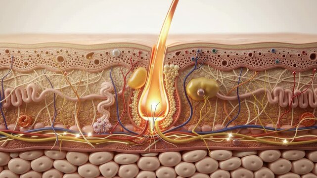 Detailed animation of human skin layers showing glowing hair follicles nerves and blood vessels in cross section