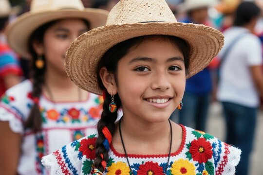Girl in straw hat and embroidered dress smiles. Another girl in similar outfit behind. People at outdoor cultural event. Latino heritage celebration in day. Bright traditional clothing.