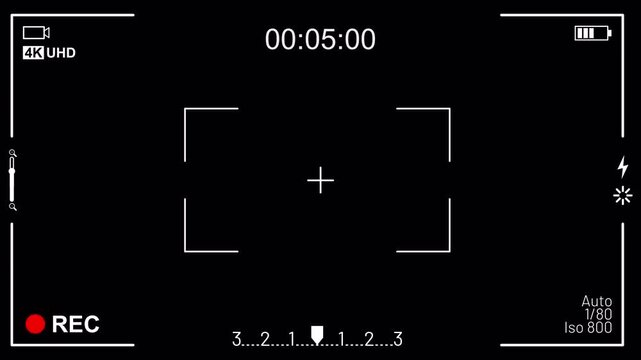 Camcorder Recording Screen with Alpha Channel. Digital video camera viewfinder overlay with interface icons for settings, record timer, battery display, and status. Suitable for video production.