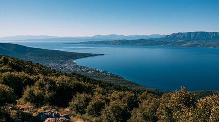 Fototapeta premium Panoramic view of a wide bay with a coastal town, distant mountains, and turquoise sea beneath a bright sky, travel destination concept, with copy space