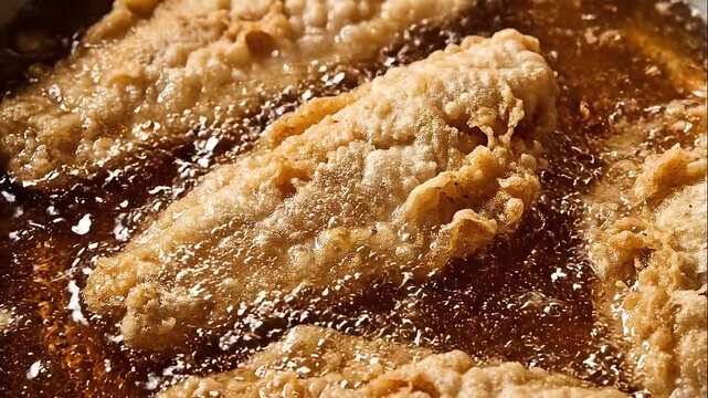 Golden-brown battered fish fillets sizzling and bubbling in hot oil, a close-up view of the delicious deep-frying process for a traditional meal, showcasing culinary preparation