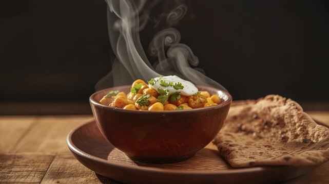 Steaming chickpea curry with cilantro yogurt garnish, served with warm flatbread and herb garnish