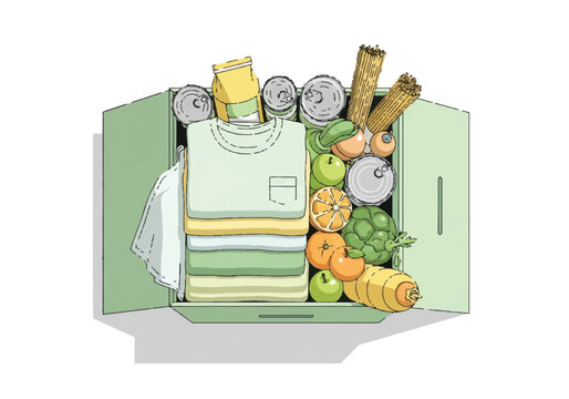 Donation box filled with food and clothing items