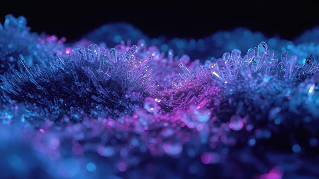 Crystal formation on textured surface glowing blue and purple neon crystalline field with glow