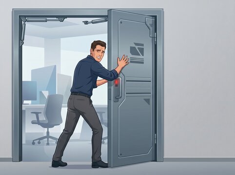 Office worker resisting automated steel door closure concept