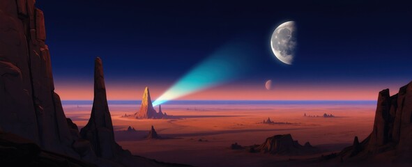 Obraz premium Vast alien desert landscape under dark sky with large moon and smaller planet. Sharp rock formations create dramatic silhouette. Bright light beam shoots from spire towards horizon.