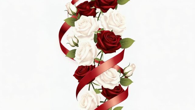 Elegant spiral arrangement of red and white roses with flowing red ribbon on white background