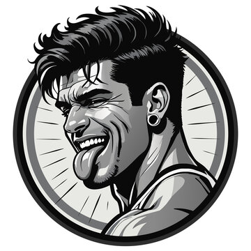 Naughty hooligan guy with smile laugh lines and flesh tunnels is sticking out tongue. Round mischievous bw symbol (transparent png)