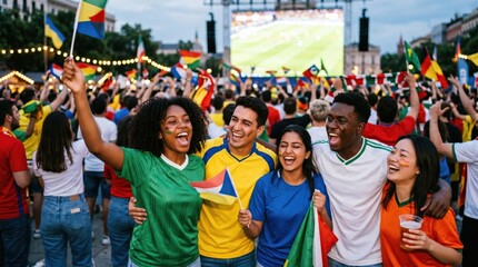 Naklejka premium Diverse Group of Young Adult Friends Cheering Together at Outdoor Soccer Fan Zone Watch Party
