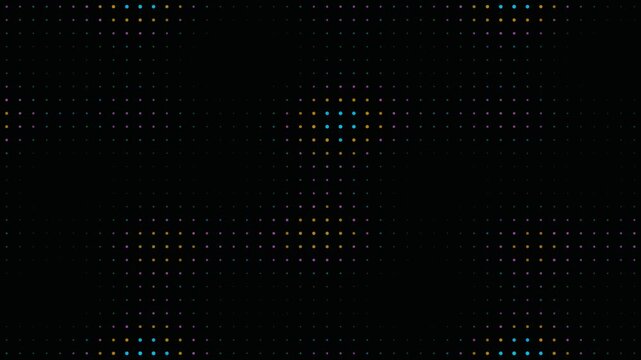 Abstract digital grid of glowing colorful dots on black background