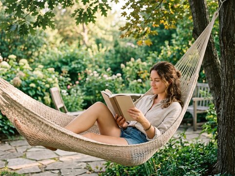 Young woman reading in hammock during a quiet afternoon