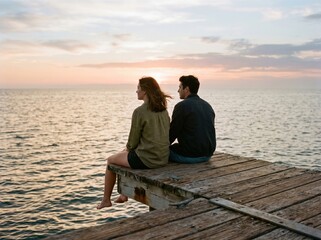 Fototapeta premium Young couple on pier watching the evening ocean horizon