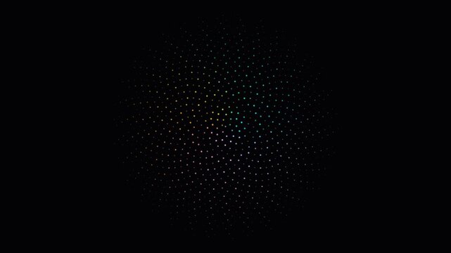 Rotating colorful halftone spiral sphere on black background