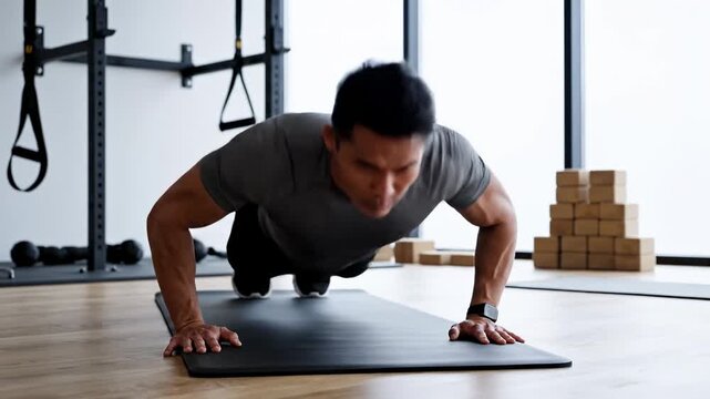 A dedicated man performs a rigorous push-up on a fitness mat, his body engaged in a strenuous physical exertion within a well-equipped, airy gymnasium showcasing strength and commitment