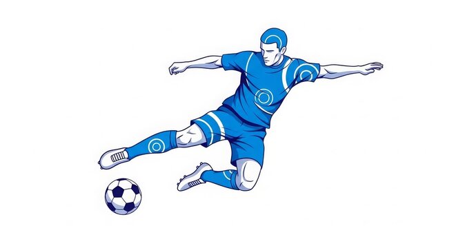 Soccer - Dynamic Blue Uniform Football Player Kicking Ball in Mid Air Action Pose Vector Illustration
