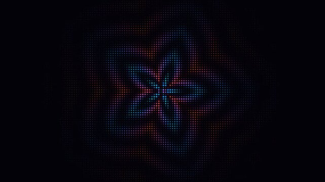 Colorful halftone dot flower rotating on black background