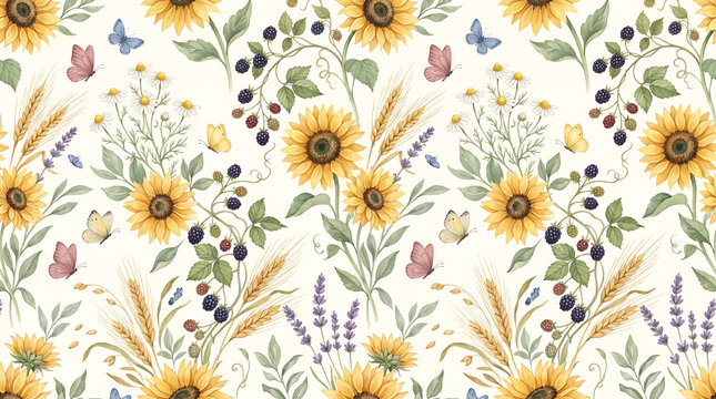 Watercolor Sunflower and Lavender Seamless Pattern with Butterflies for Summer Textile Design