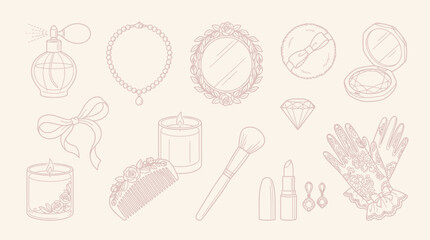Collection of vintage beauty and cosmetic accessories, including perfume bottle, jewelry, mirror, makeup brush, lipstick, and gloves. © KN collection