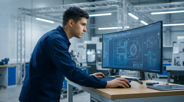 engineer working on computer with blueprint on screen