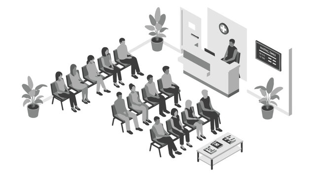 Isometric hospital waiting room with seated patients and reception desk interior