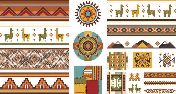 Ethnic Tribal Pattern Vector Collection Featuring Llama Motifs Geometric Borders Aztec Ornaments Mountain Landscapes And Traditional Folk Textile Designs.