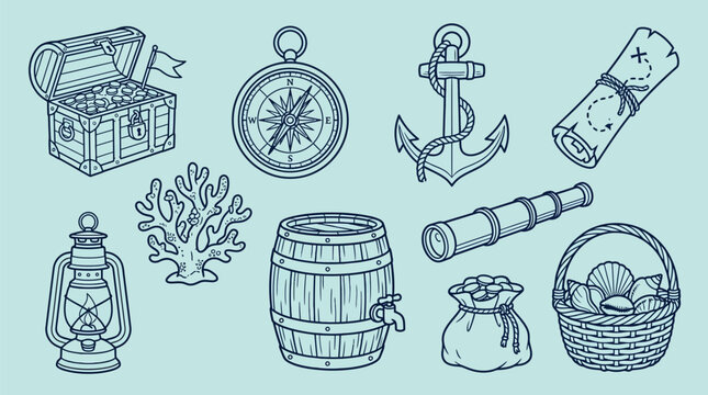 Collection of nautical and pirate-themed illustrations including a treasure chest, compass, anchor, spyglass, and map.