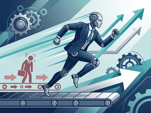 Robot in suit outrunning business icon on economic treadmill