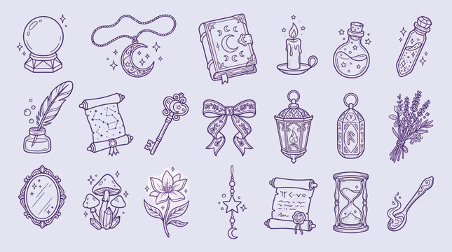 Collection of magical and mystical hand-drawn icons including a crystal ball, potion bottles, candles, and celestial elements.