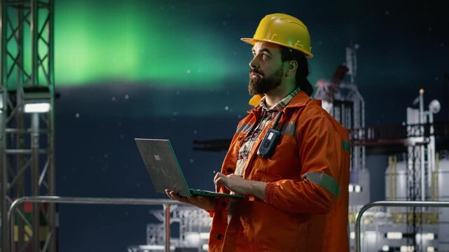 Analyzing oil crisis logistics, laptop and drilling rig engineer under aurora borealis sky while working on blockade strategy, notebook and offshore platform expert, offshore energy industry context.