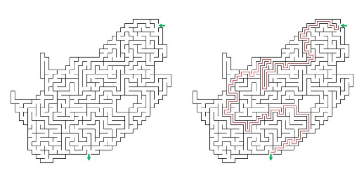 Abstract labyrinth Map of South Africa outline shaped maze puzzle vector with answer in red lines with green arrows showing direction , graphic illustration 