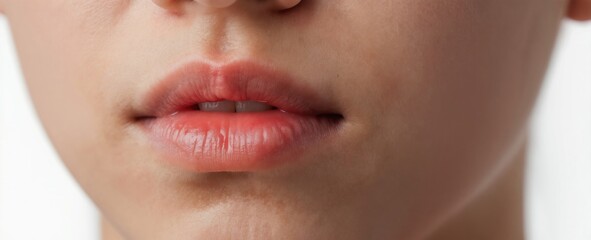 Naklejka premium Close-up female lips show early stage herpes simplex virus symptoms. Red inflamed skin with slight swelling, awaiting treatment for discomfort.
