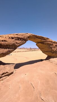 View of the famous "Rainbow Rock" in Saudi Arabia Alula desert on a sunny day