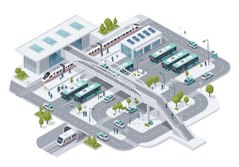 Modern transportation hub with trains buses and cars. © Budie