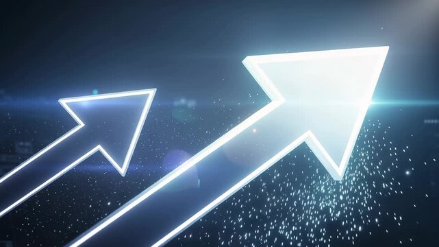 Futuristic glowing arrows soaring upward on dark digital background symbolizing growth and technology