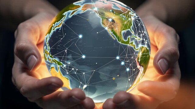 Hands gently cradling a glowing globe with illuminated network connections symbolizing global unity and connectivity