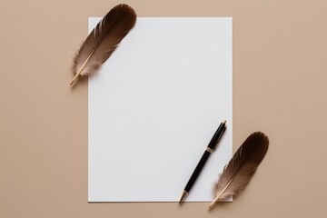 Naklejka premium Blank white A4 paper sheet with black pen and two brown feathers. Top view, flat lay, copy space for text. Minimalist stationery on neutral background.