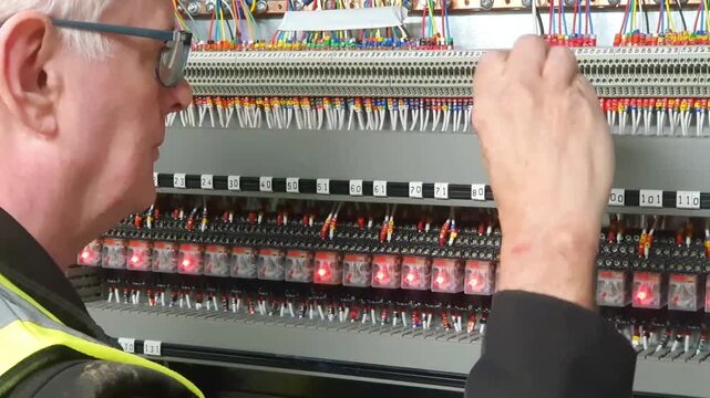 Electrical engineer using a screwdriver to check connections on connectors on a building management system. Electrical contractor inspecting a control panel a checking connections.